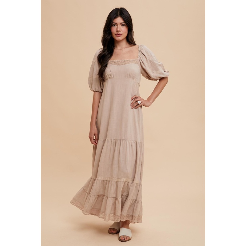 Beige Lace Insert Maxi Dress