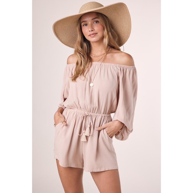 Beige Off Shoulder Balloon Sleeves Romper