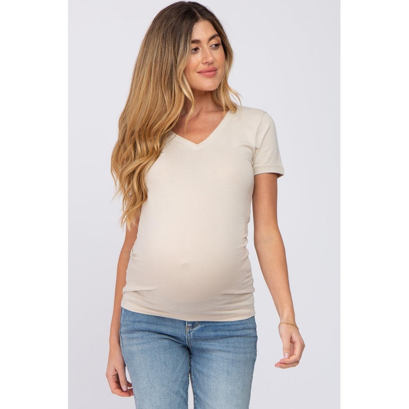 Beige V-Neck Short Sleeve Maternity Top