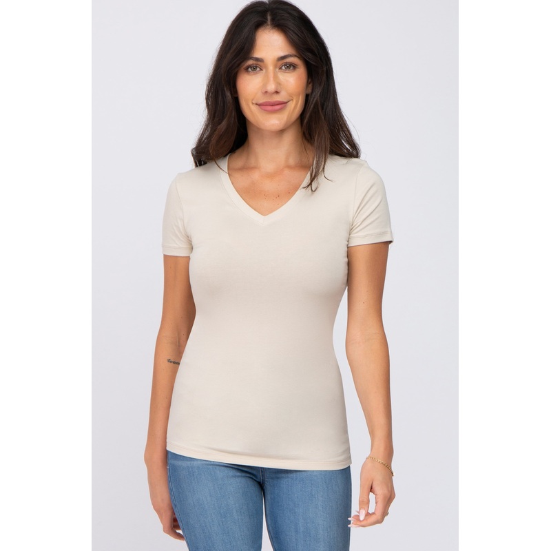 Beige V-Neck Short Sleeve Top