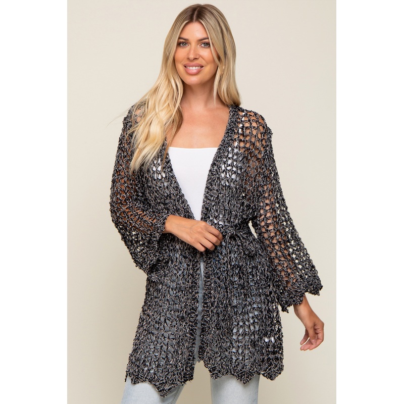 Black Open Knit Waist Tie Cardigan