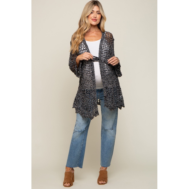 Black Open Knit Waist Tie Maternity Cardigan