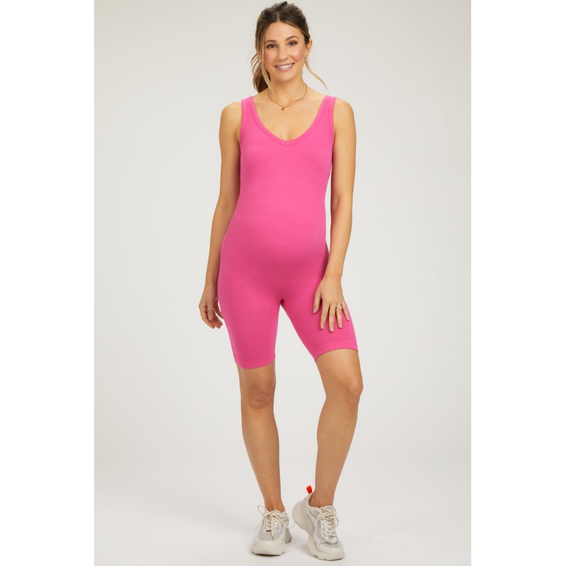 Fuchsia Ribbed Sleeveless Fitted Maternity Romper