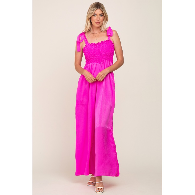 Fuchsia Satin Smocked Square Neck Shoulder Tie Jumpsuit