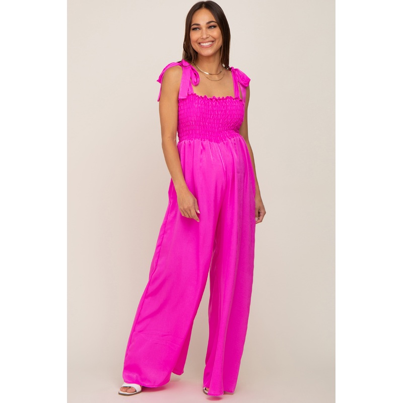Fuchsia Satin Smocked Square Neck Shoulder Tie Maternity Jumpsuit