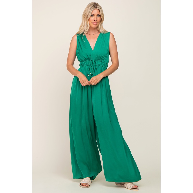 Green Satin V-Neck Side Slit Jumpsuit