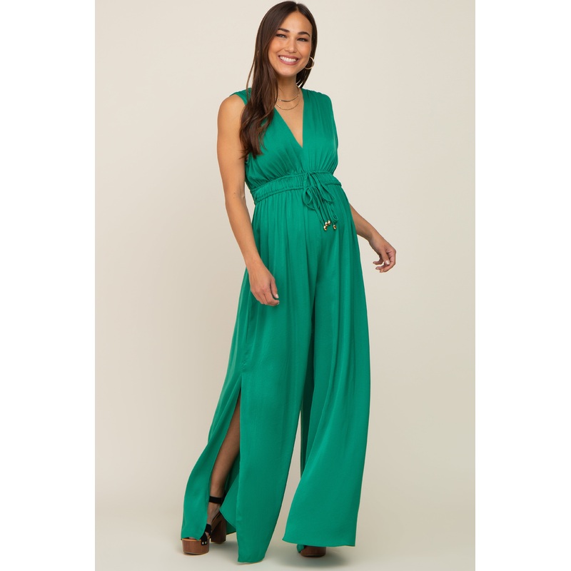 Green Satin V-Neck Side Slit Maternity Jumpsuit