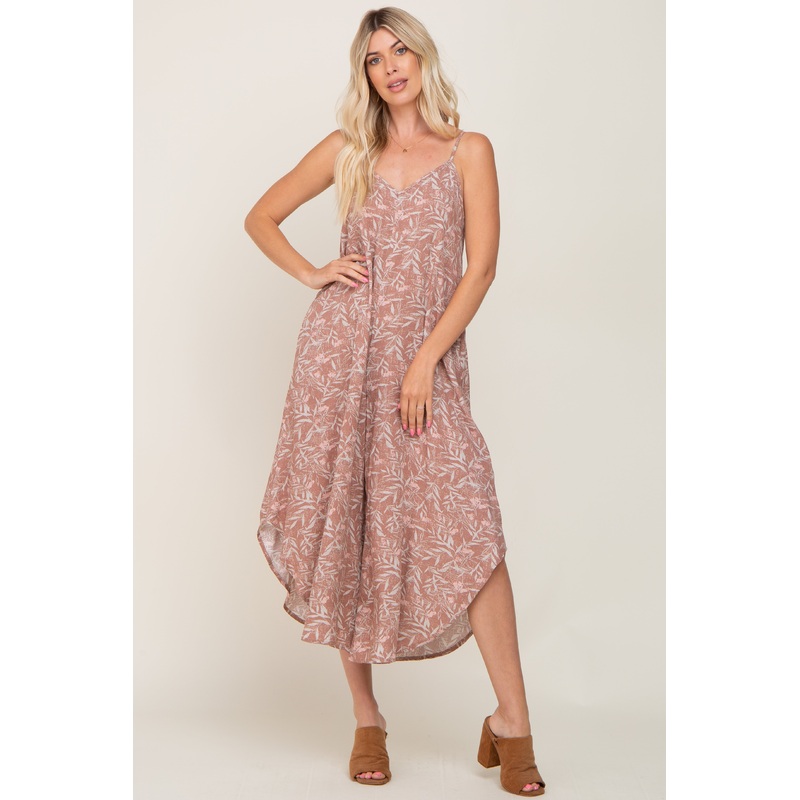 Mocha Leaf Print Asymmetrical Jumpsuit