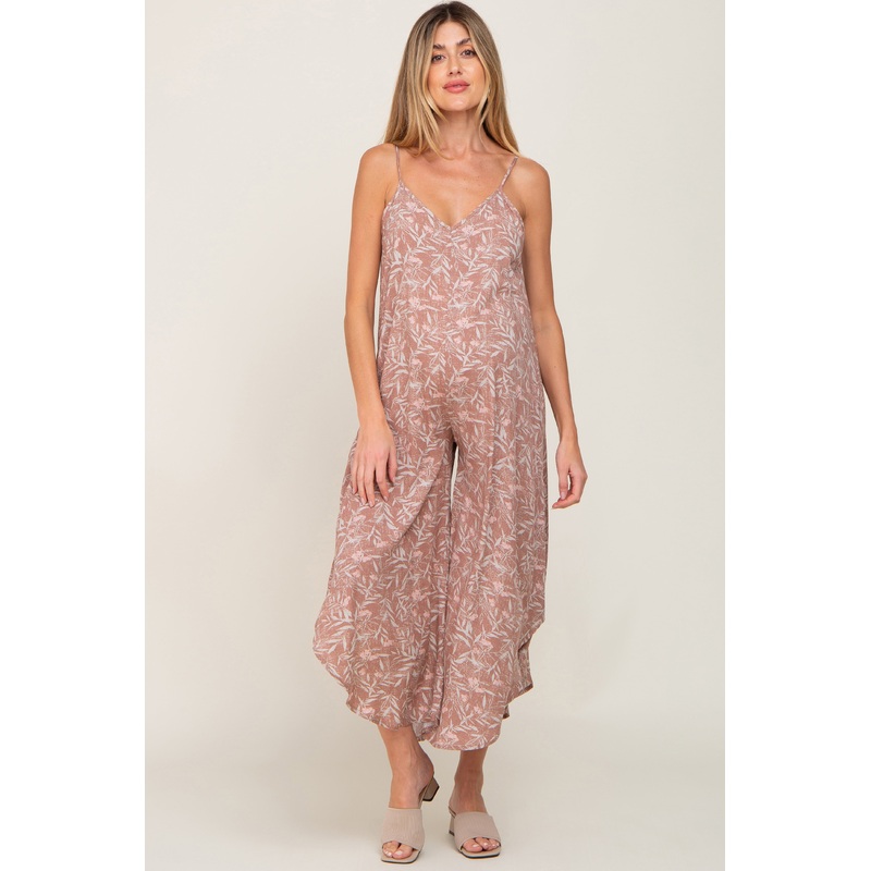 Mocha Leaf Print Asymmetrical Maternity Jumpsuit