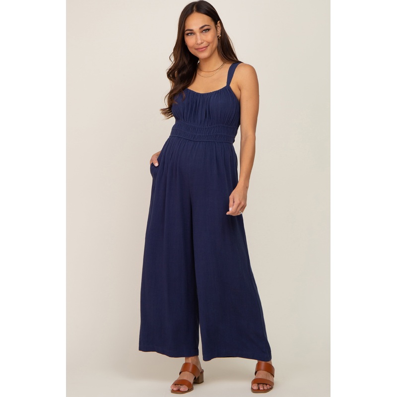 Navy Blue Smocked Square Neck Sleeveless Linen Maternity Jumpsuit