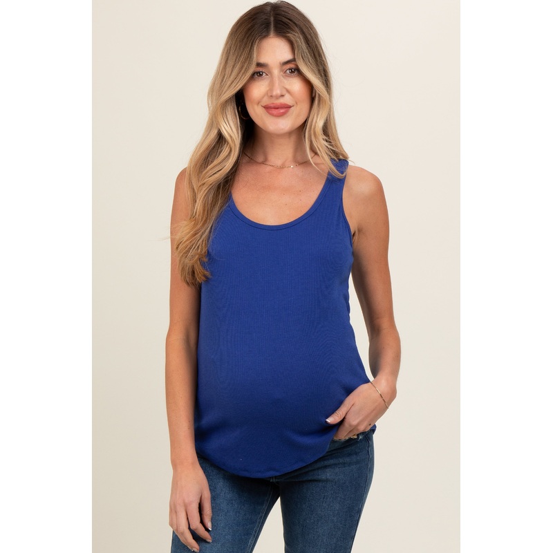 Royal Ribbed Sleeveless Maternity Top