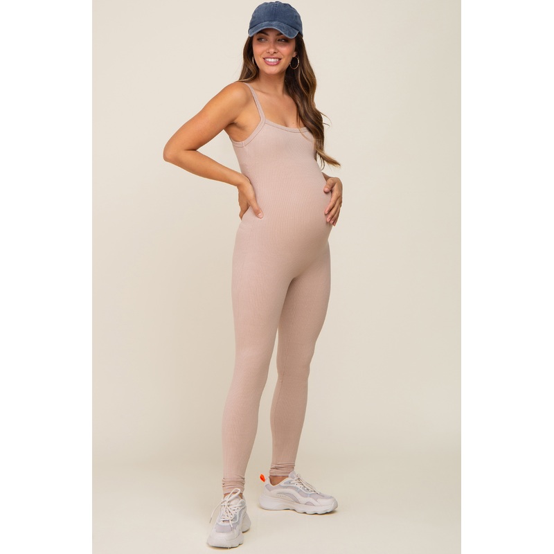 Taupe Ribbed Sleeveless Maternity Jumpsuit