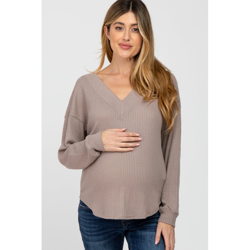Taupe V Neck Waffle Knit Maternity Top