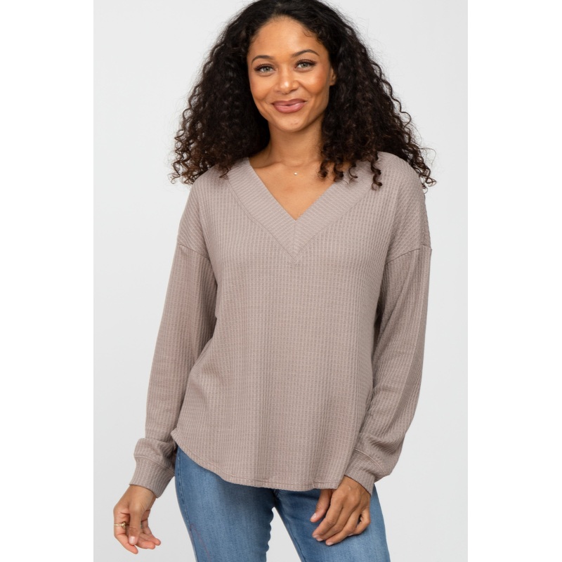 Taupe V Neck Waffle Knit Top