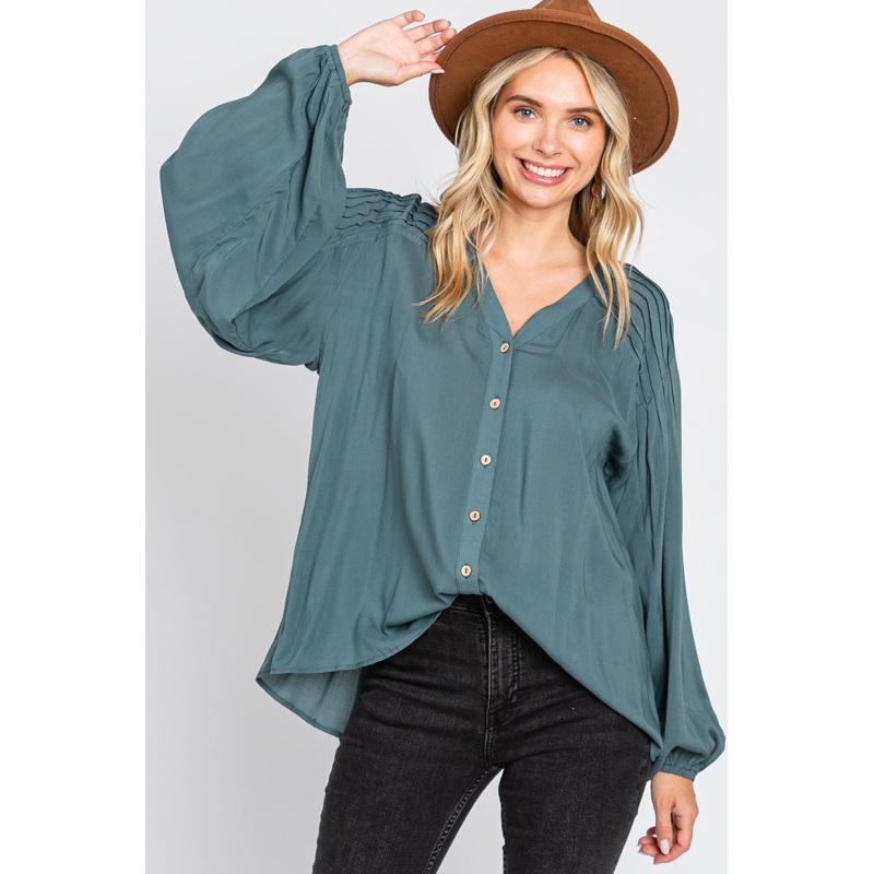 Teal Pleated Detail Blouse