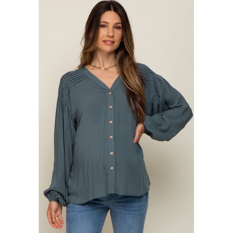 Teal Pleated Detail Maternity Blouse