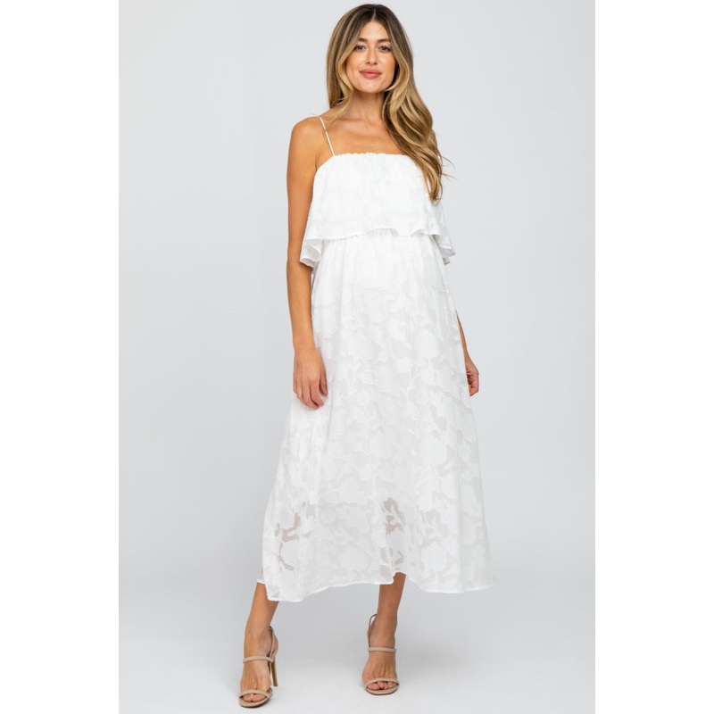 White Floral Maternity Midi Dress