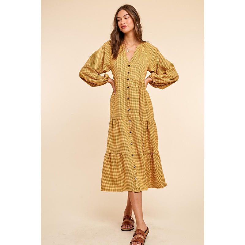 Yellow Gingham Print Button Down Midi Dress