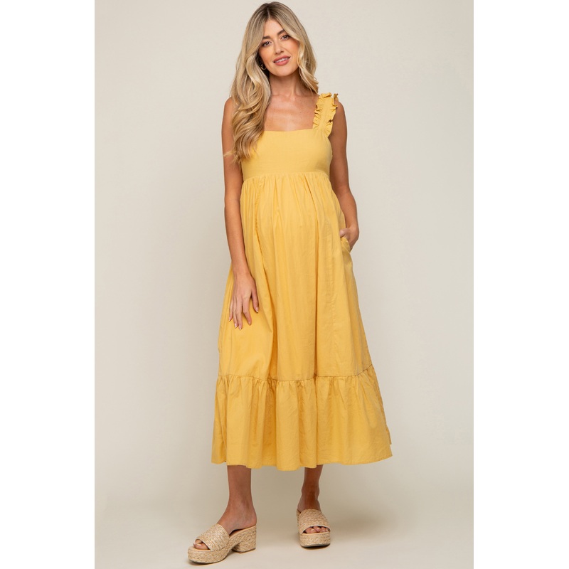 Yellow Ruffle Accent Back Tie Maternity Midi Dress