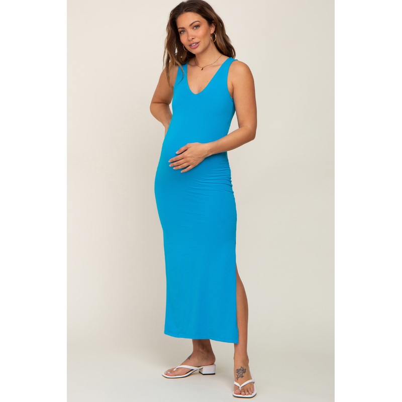 Aqua V-Neck Side Slit Maternity Midi Dress