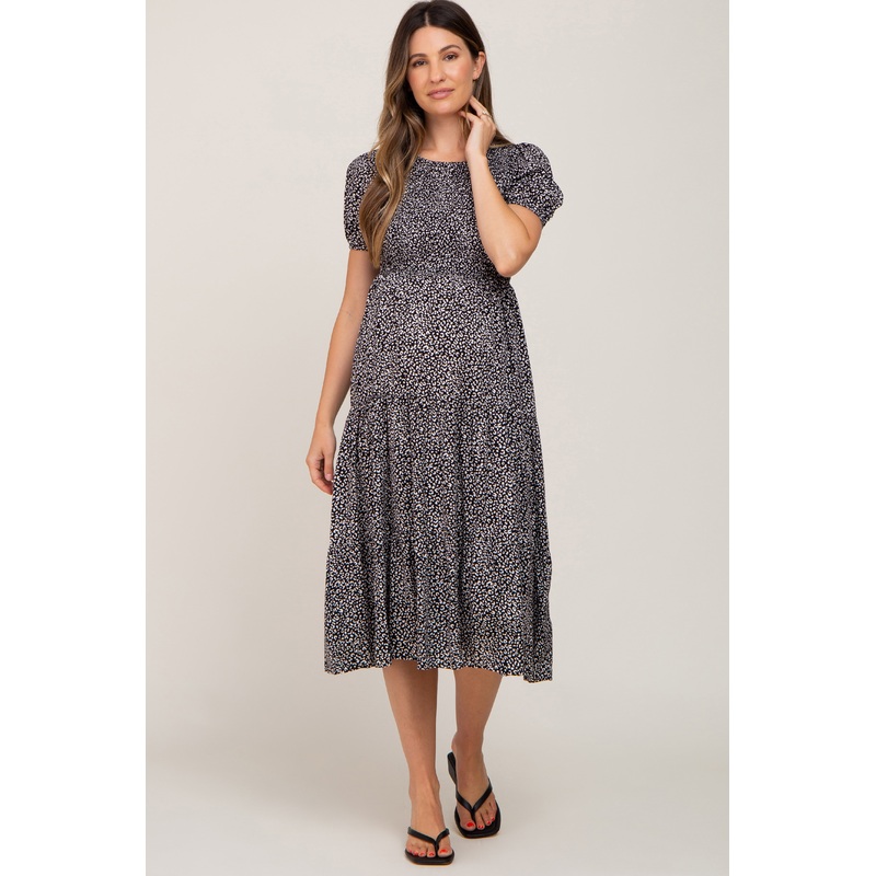 Black Animal Print Smocked Maternity Midi Dress