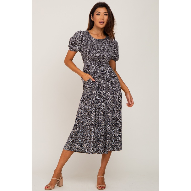 Black Animal Print Smocked Midi Dress