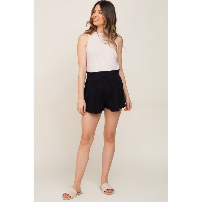 Black Drawstring Frayed Hem Maternity Shorts
