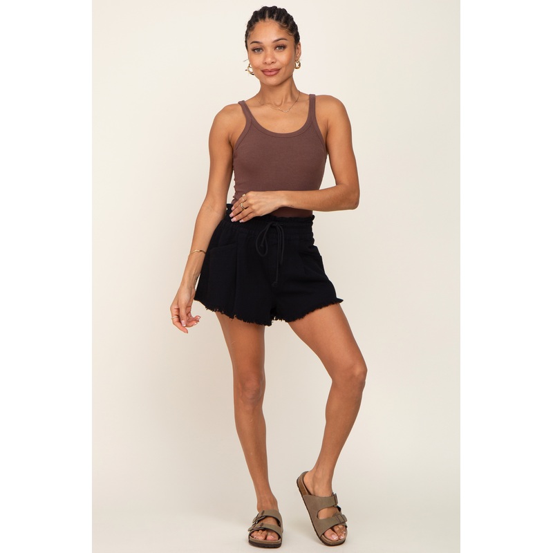 Black Drawstring Frayed Hem Shorts