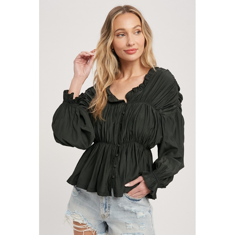 Black Shirred Button Up Blouse