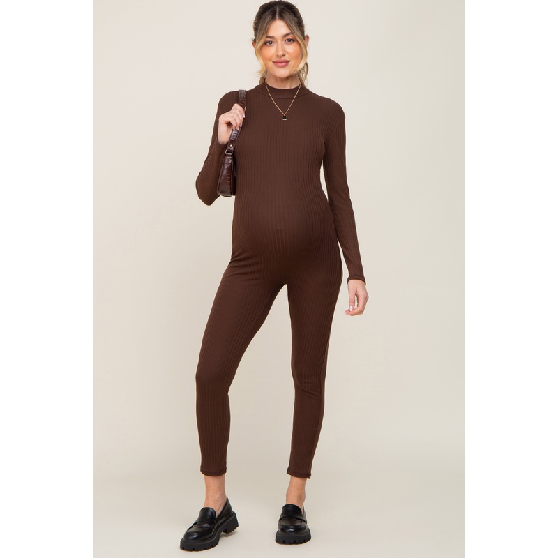 Brown Ribbed Maternity Jumpsuit