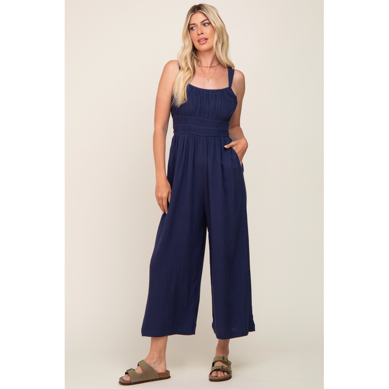 Navy Blue Smocked Square Neck Sleeveless Linen Jumpsuit