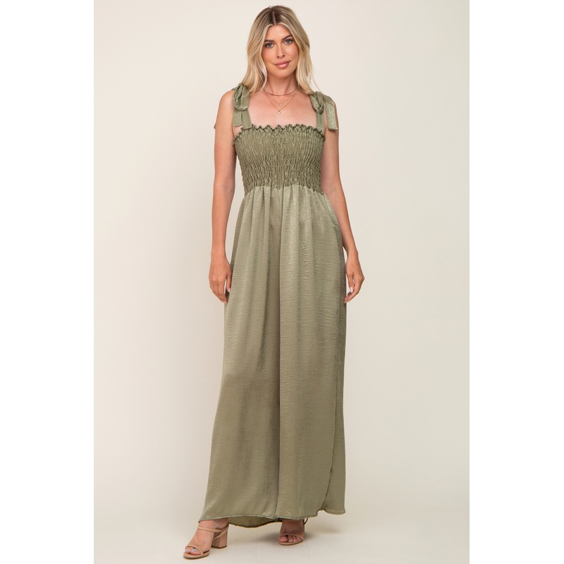 Olive Satin Smocked Square Neck Shoulder Tie Jumpsuit
