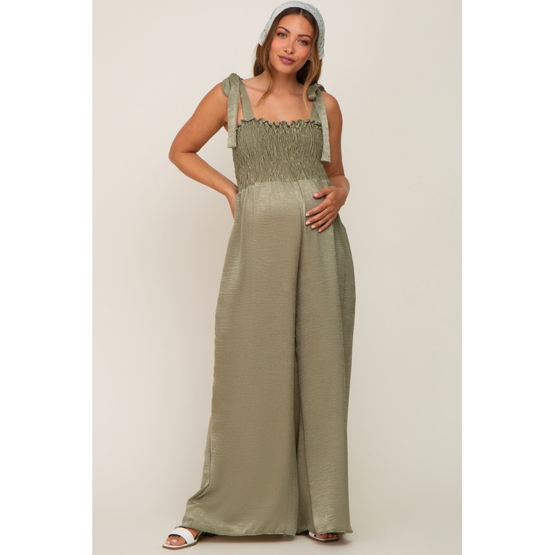 Olive Satin Smocked Square Neck Shoulder Tie Maternity Jumpsuit