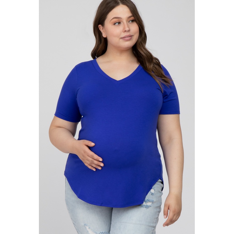 Royal Blue V-Neck Round Hem Maternity Plus Top