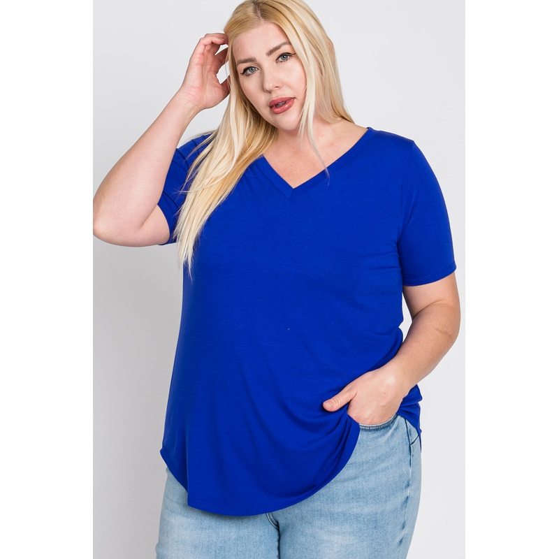 Royal Blue V-Neck Round Hem Plus Top