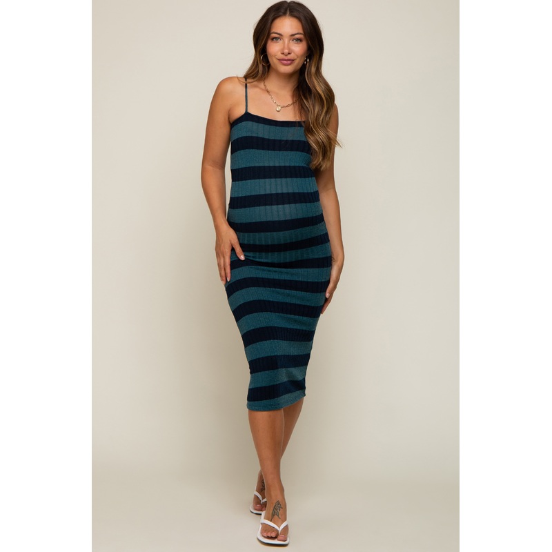 Teal Striped Rib Knit Maternity Midi Dress