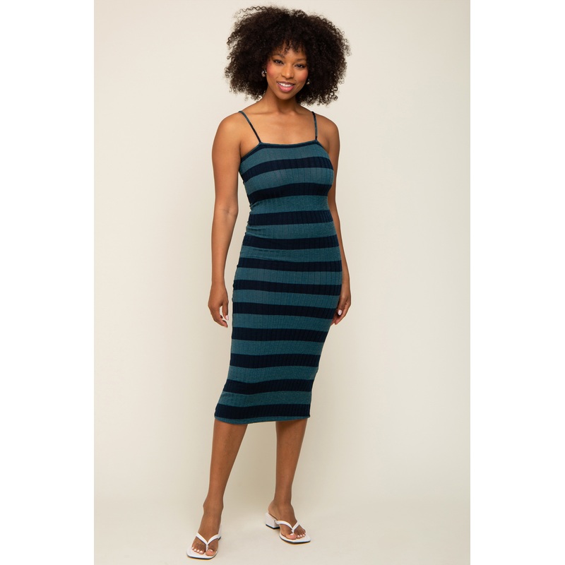 Teal Striped Rib Knit Midi Dress