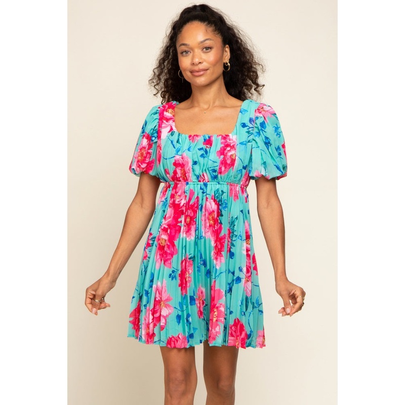 Turquoise Floral Chiffon Square Neck Pleated Dress