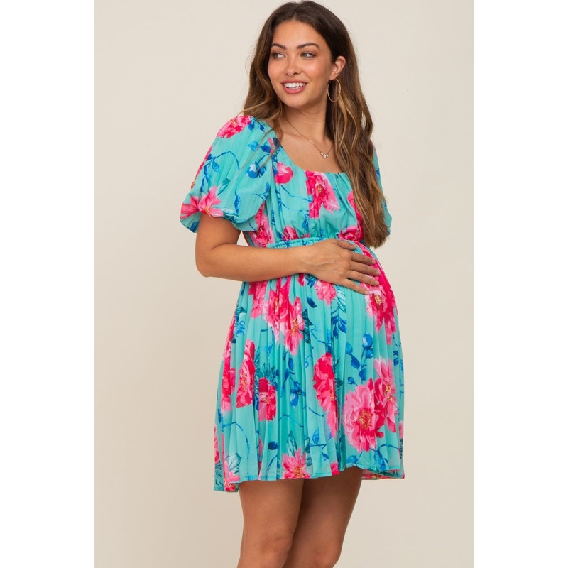 Turquoise Floral Chiffon Square Neck Pleated Maternity Dress