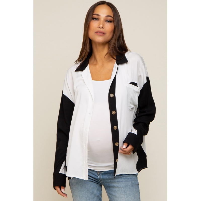 White Colorblock Oversized Maternity Blouse