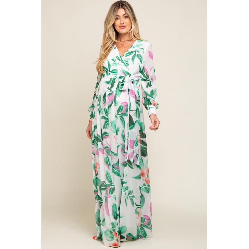 White Floral Chiffon Maternity Maxi Dress