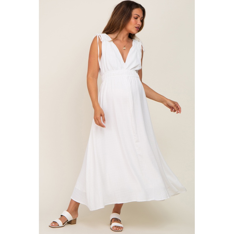 White V-Neck Drawstring Shoulder Maternity Midi Dress