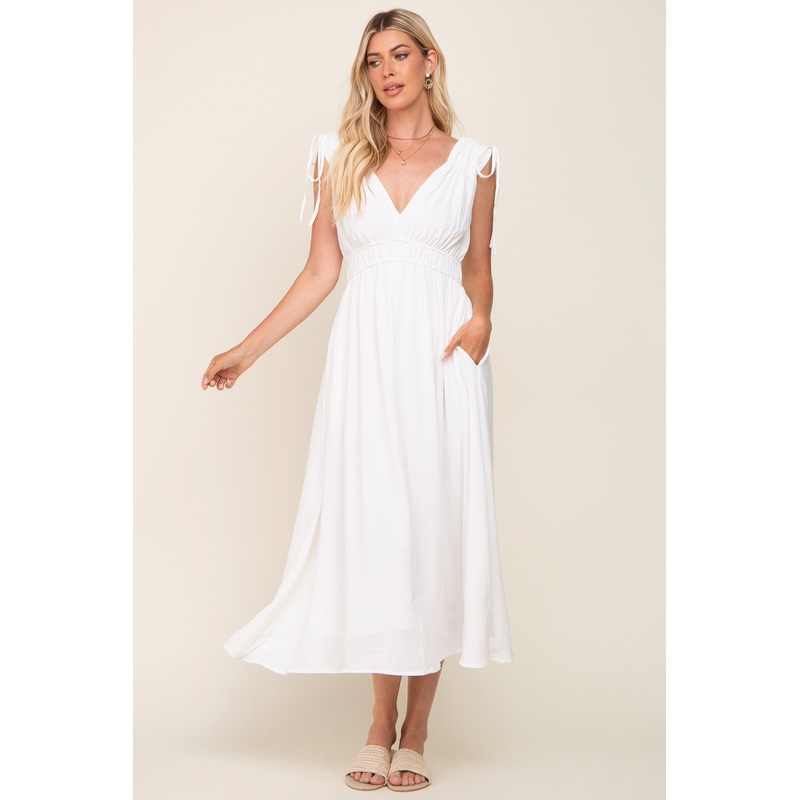 White V-Neck Drawstring Shoulder Midi Dress