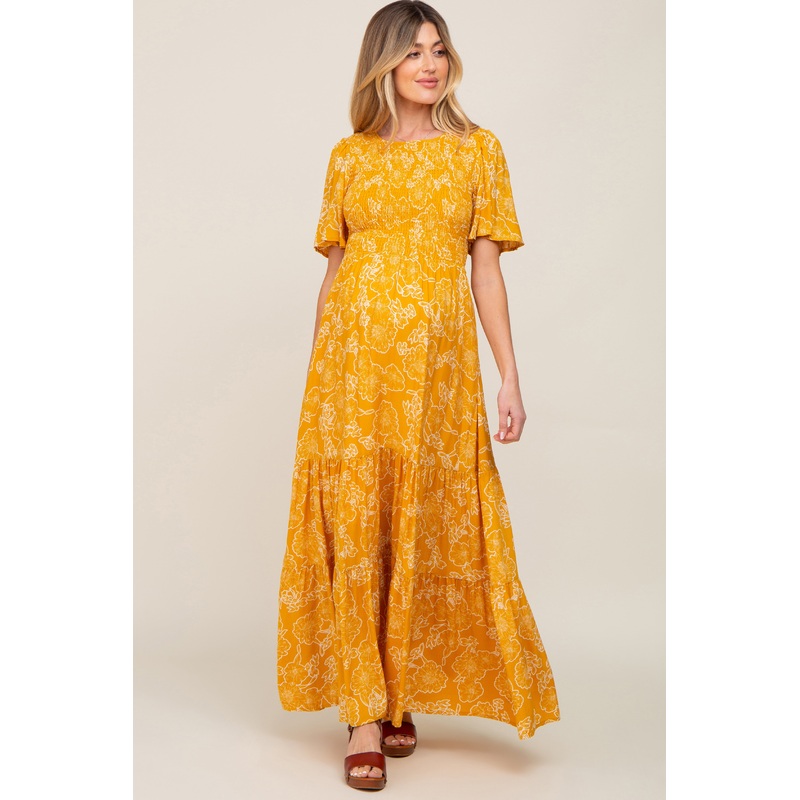 Yellow Floral Flounce Sleeve Maternity Maxi Dress