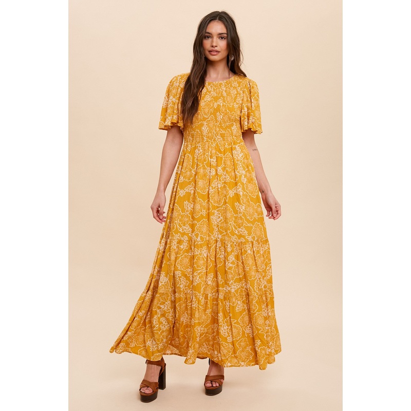 Yellow Floral Flounce Sleeve Maxi Dress