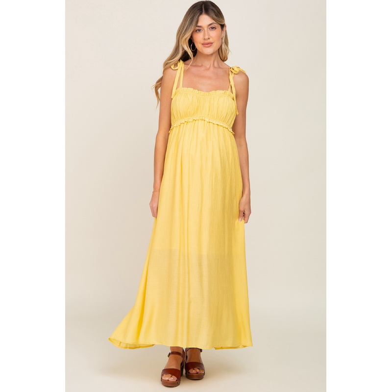 Yellow Sleeveless Ruffle Trim Maternity Maxi Dress