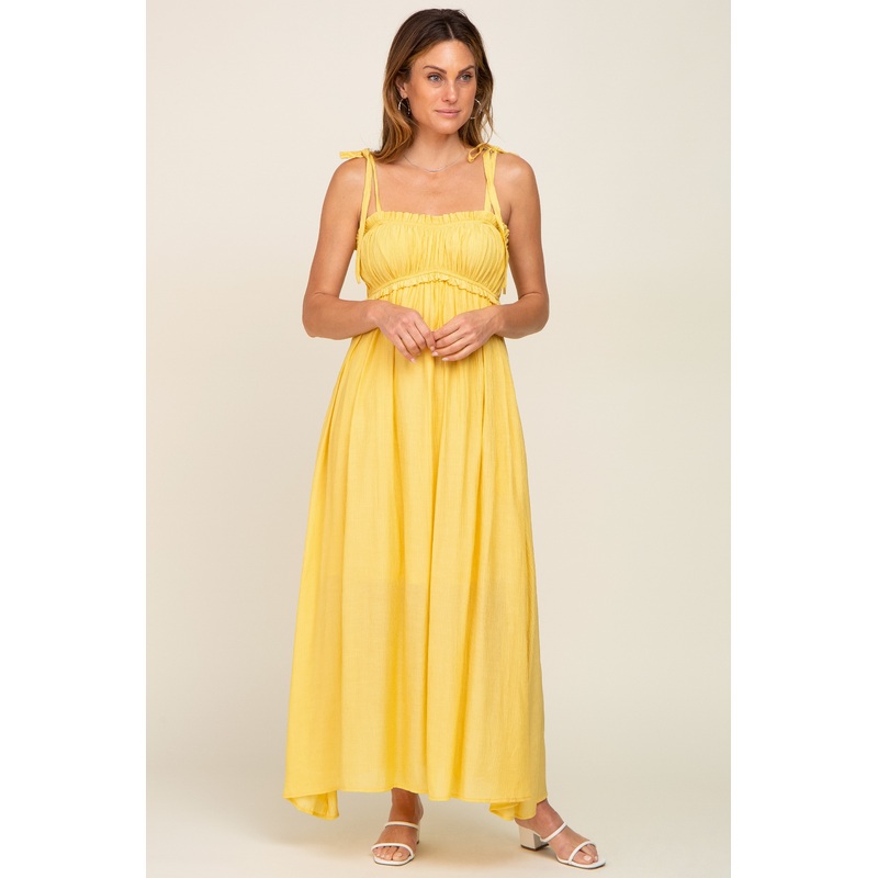 Yellow Sleeveless Ruffle Trim Maxi Dress