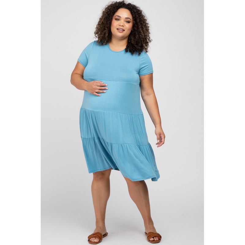 Aqua Blue Tiered Maternity Plus Dress