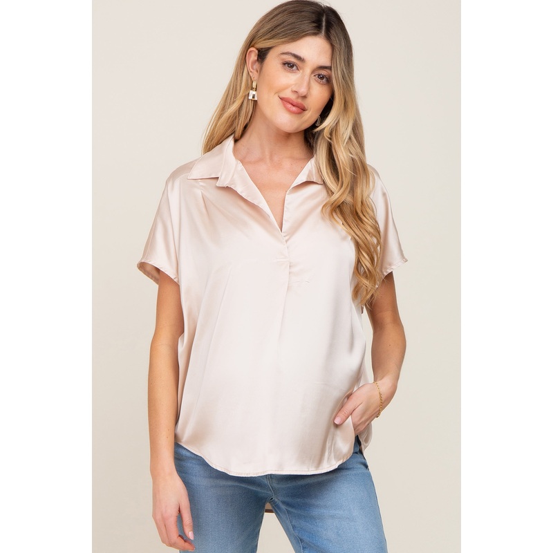 Beige Satin Collared Maternity Top