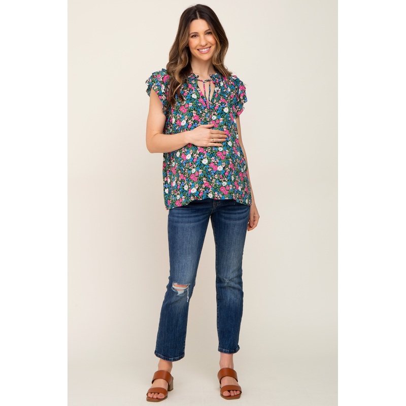 Black Floral Ruffle Accent Maternity Blouse
